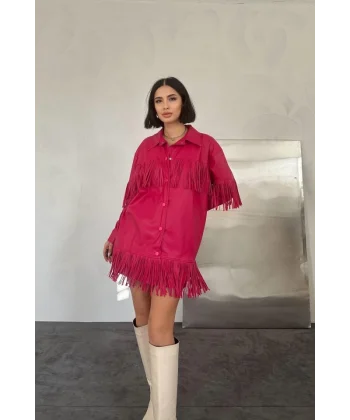 Fuşya Püsküllü Deri Gömlek