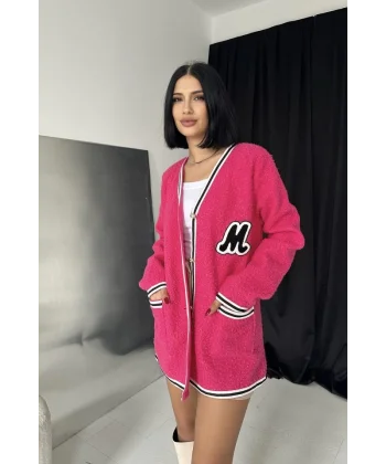 Fuşya Şeritli Bukle Hırka