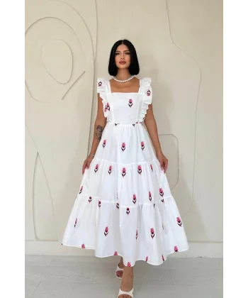 Fuşya Sıfır Kol Fırfırlı Elbise