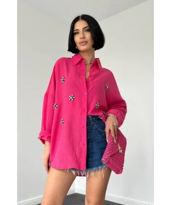 Fuşya Taş İşlemeli Gömlek