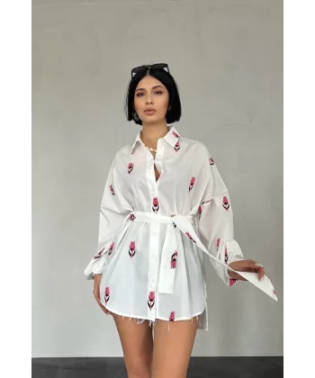 Fuşya Vual etraj Nakış Kuşaklı Gömlek