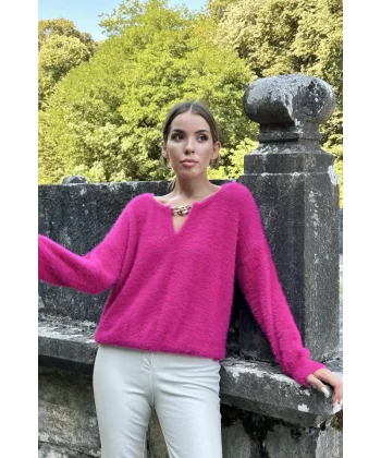 Fuşya Yakası Zincirli Triko Kazak