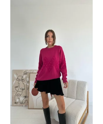 Fuşya Zikzak Boncuklu Triko Kazak