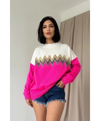 Fuşya Zikzak Desenli Triko Kazak