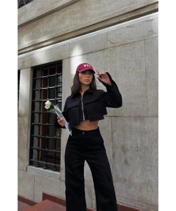 GABARDİN CROP CEKETKARGO PANTOON TAKI  iyah