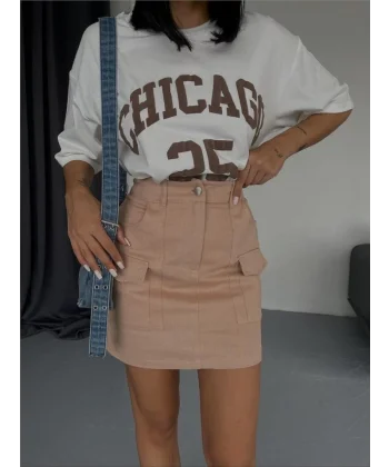 GABARDİN KISA ETEK CEP DETAYLI - Bej