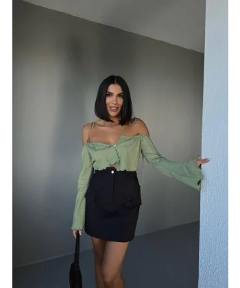 GABARDİN KISA ETEK CEP DETAYLI - Siyah