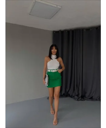 GABARDİN KISA ETEK CEP DETAYLI - Yeşil