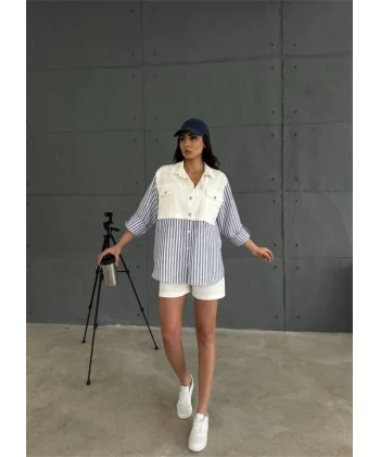 GABARDİN ŞORT  GABARDİN  ÇİZGİİ KETEN GARNİİ CEKET TAKI  acivert