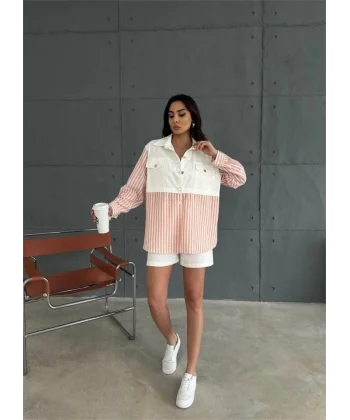 GABARDİN ŞORT  GABARDİN  ÇİZGİİ KETEN GARNİİ CEKET TAKI  Orange