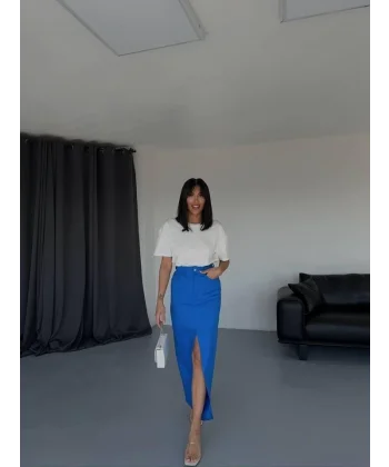 GABARDİN UZUN ÖNDEN YIRTAÇI ETEK  aks