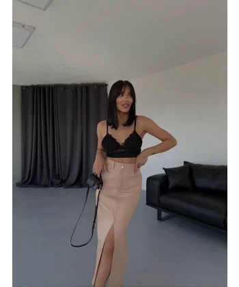 GABARDİN UZUN ÖNDEN YIRTMAÇLI ETEK - Kahverengi