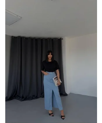 GABARDİN UZUN ÖNDEN YIRTMAÇLI ETEK - Mavi