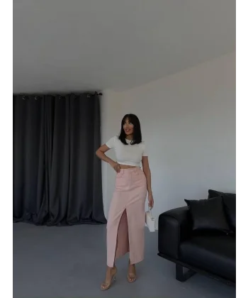 GABARDİN UZUN ÖNDEN YIRTMAÇLI ETEK - Pudra
