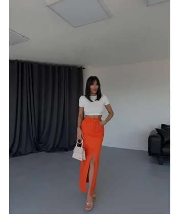 GABARDİN UZUN ÖNDEN YIRTMAÇLI ETEK - Turuncu