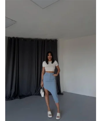 GABARDİN YIRTMAÇ DETAYLI ETEK - Açık Mavi