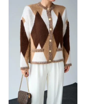 Geniş Baklava Desen Hırka  CamelKrem