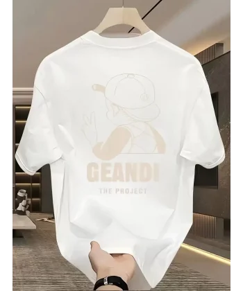 Geniş Kesim Pamuklu Tişört - GANDHI The Project Baskılı, Beyaz, Rahat Kesim, Kısa Kollu, Günlük Kıyafet, Her Gün Giyilebilecek Tişört- Beyaz