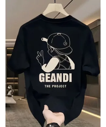 Geniş Kesim Pamuklu Tişört - GANDHI The Project Baskılı, Siyah, Rahat Kesim, Kısa Kollu, Günlük Kıyafet, Her Gün Giyilebilecek Tişört- Siyah