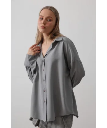 Geniş Manşet Detaylı Gömlek - Gri