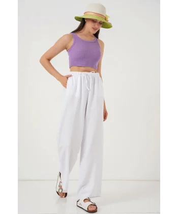 Geniş Paça Keten Pantolon 6735 - Beyaz