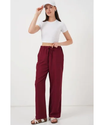 Geniş Paça Keten Pantolon 6735 - Bordo