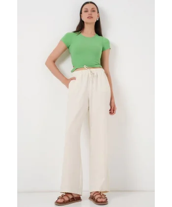 Geniş Paça Keten Pantolon 6735 - Ekru