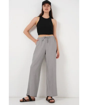 Geniş Paça Keten Pantolon 6735 - Gri