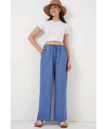 Geniş Paça Keten Pantolon 6735 - İndigo