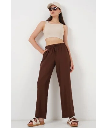 Geniş Paça Keten Pantolon 6735 - Kahverengi