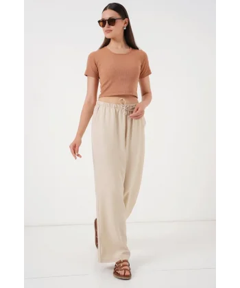 Geniş Paça Keten Pantolon 6735 - Krem