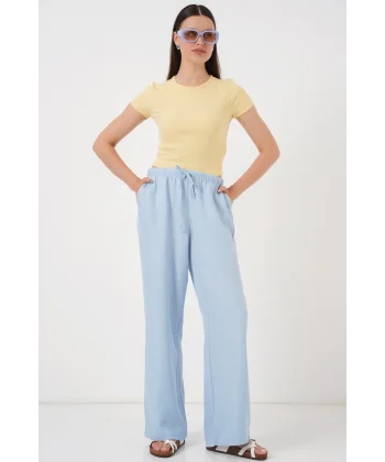 Geniş Paça Keten Pantolon 6735 - Mavi