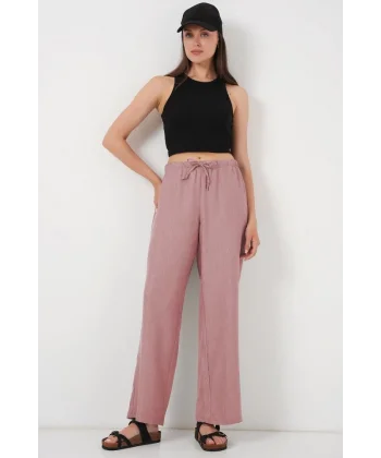 Geniş Paça Keten Pantolon 6735 - Pudra