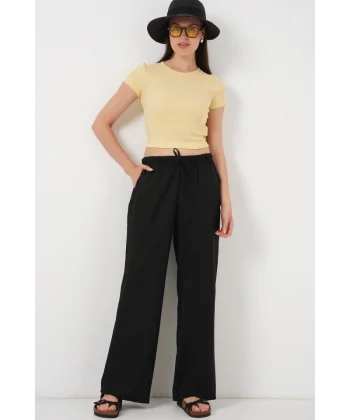 Geniş Paça Keten Pantolon 6735 - Siyah