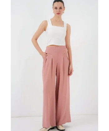 Geniş Paça Pileli Pantolon 6718 - Gül Kurusu