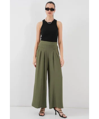 Geniş Paça Pileli Pantolon 6718 - Haki