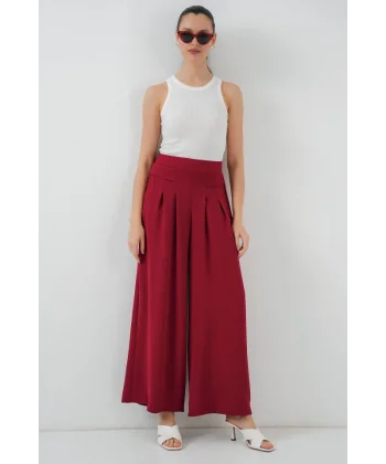 Geniş Paça Pileli Pantolon 6718 - Kırmızı
