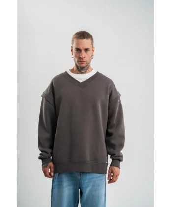 Geniş V yaka Kol Ribana Detaylı SweatShirt - Füme