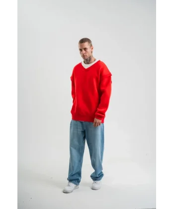 Geniş V Yaka Kol Ribana Detaylı SweatShirt - Kırmızı