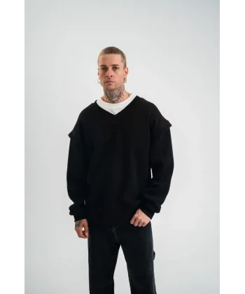 Geniş V yaka Kol Ribana Detaylı SweatShirt - Siyah