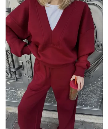 Geniş V Yaka Üç İplik Sweat Takım - Bordo