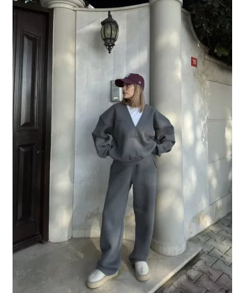 Geniş V Yaka Üç İplik Sweat Takım - Füme