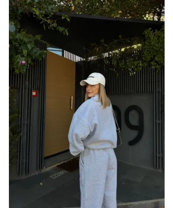 Geniş V Yaka Üç İplik weat Takım  Gri