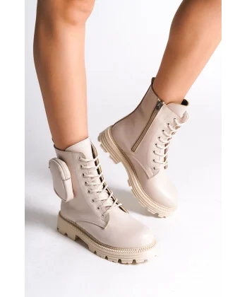 GINA Bağcıklı Fermuarlı Ortopedik Taban Çantalı Kadın Bot  CKT - Krem