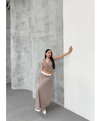 Gi̇o Çi̇zgi̇li̇ Garni̇li̇ Mi̇di̇ Etek Yelek Takim