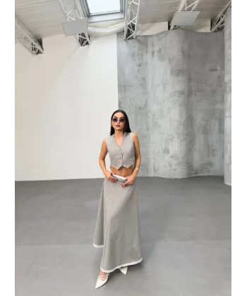 Gi̇o Çi̇zgi̇li̇ Garni̇li̇ Mi̇di̇ Etek Yelek Takim