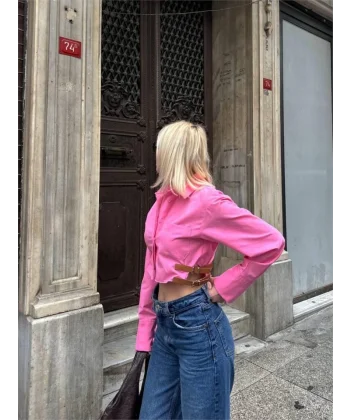 GÖEK POPİN CROP YAN ÇİFT KEER DETAYI  Pembe