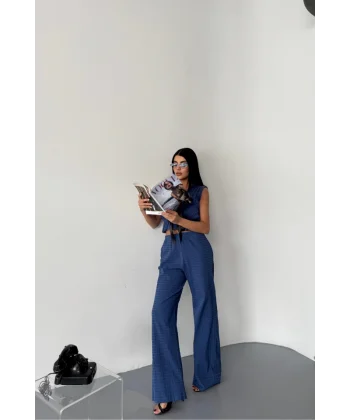 GOFRE BLUZ-PANTOLON TK KURDELE DETAYLI - Mavi