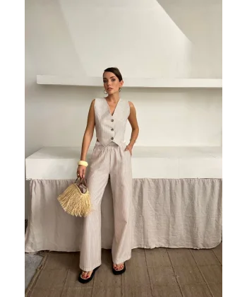 GOFRE ÇİZGİLİ YELEK - PANTOLON TAKIM - Bej