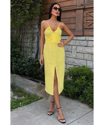 Göğsü Aksesuarlı Önü Yırtmaçlı Elbise 2899